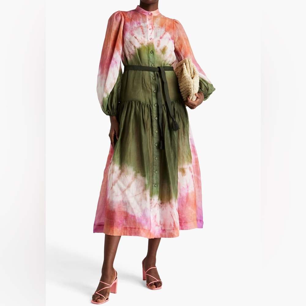 ZIMMERMANN Gathered tie-dyed gauze midi shirt dress size 1